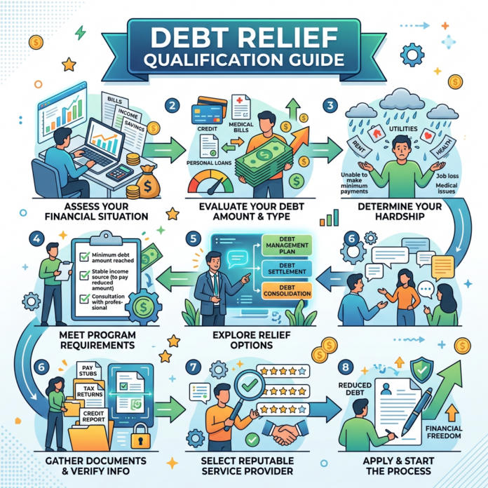 Eight-step debt relief qualification guide with financial assessment, hardship determination, and application process