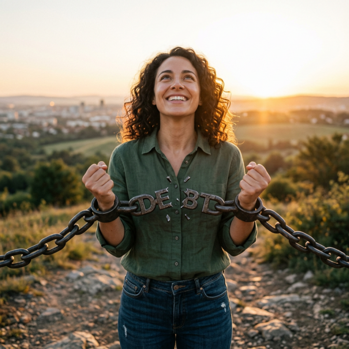 Woman breaking iron chains with the word DEBT at sunset