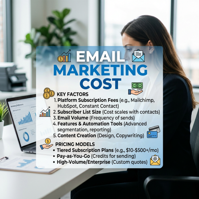 Infographic detailing email marketing cost factors and pricing models including subscription fees, list size, email volume, automation tools, and content creation