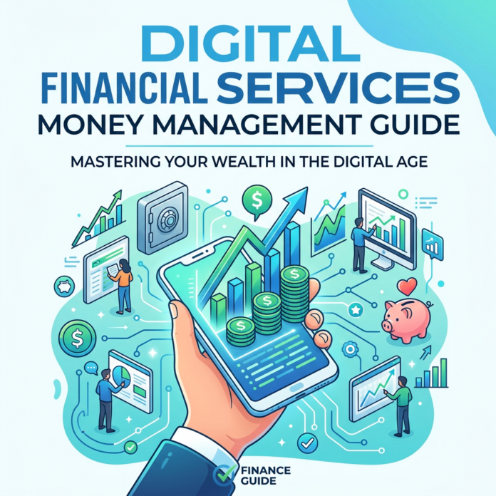 Digital financial services money management guide with graphs, charts, and financial icons on a smartphone screen